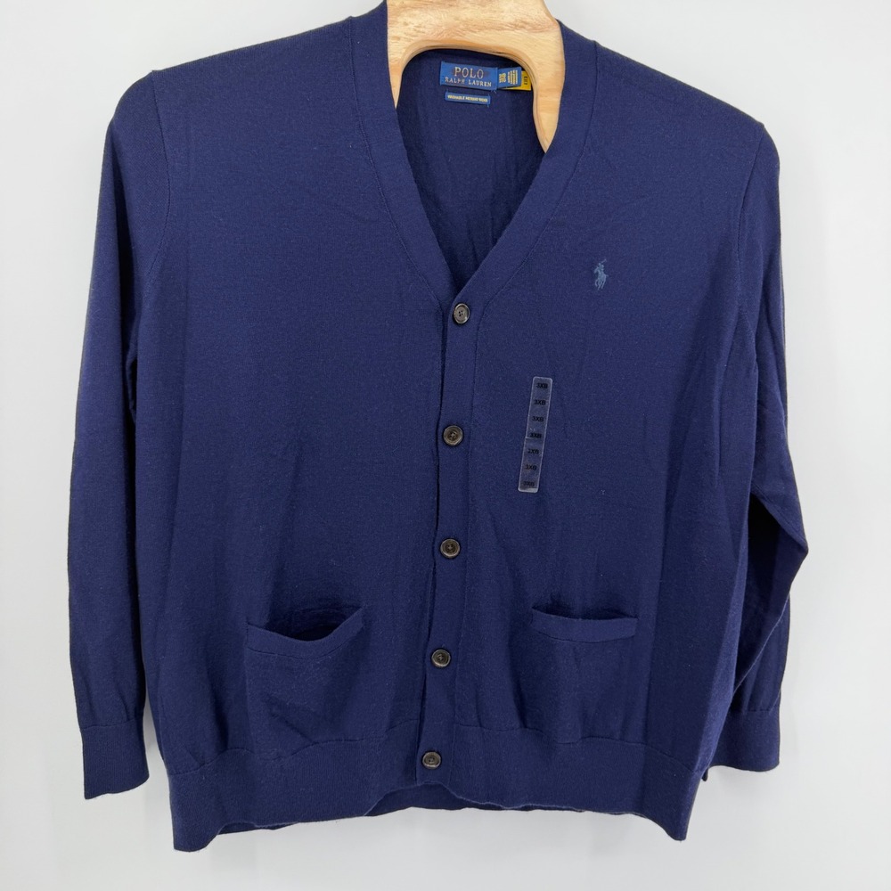 Polo Ralph Lauren Cardigan Mens 3XB Navy Blue Washable Merino Wool V-Neck Button